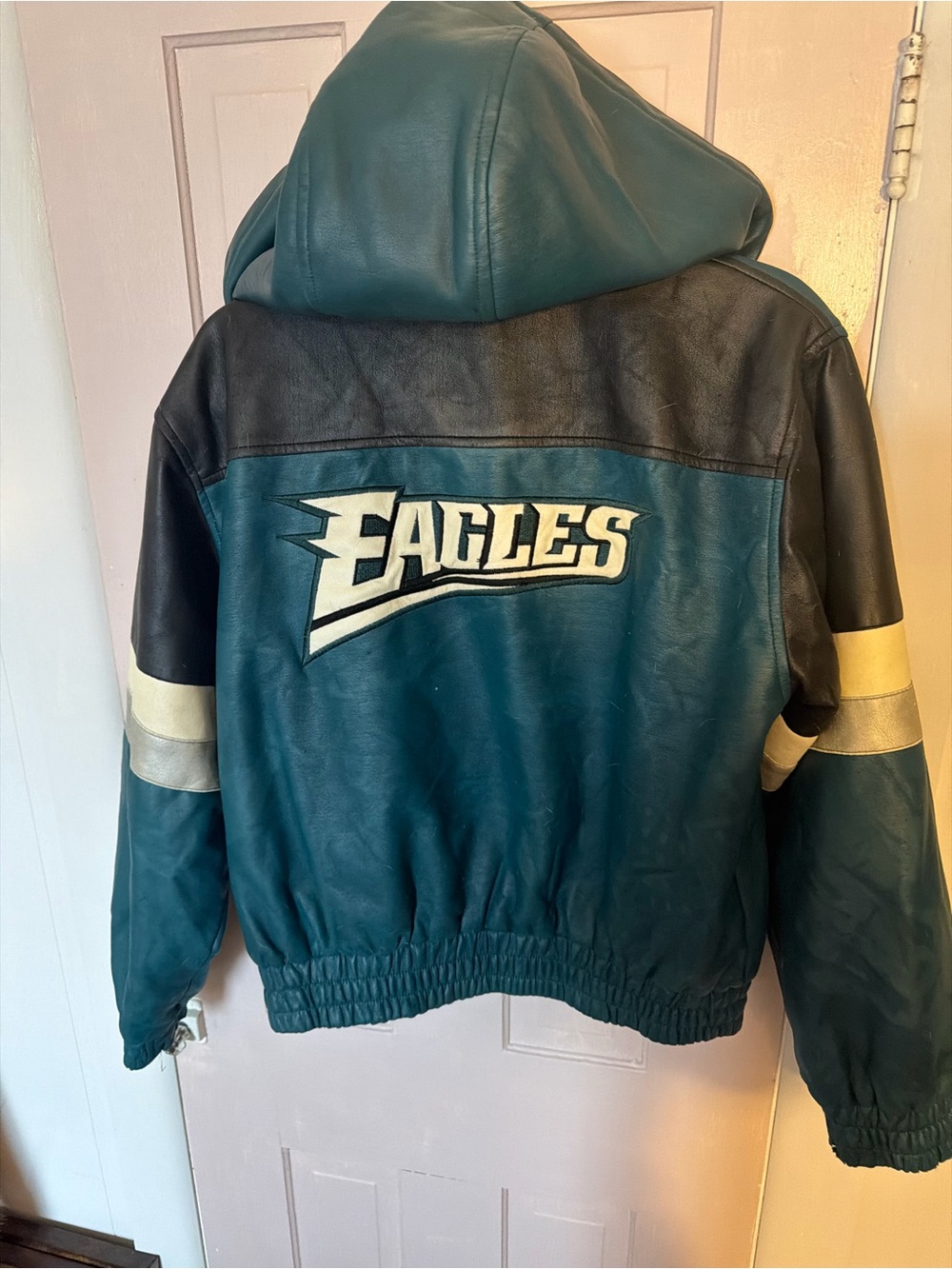 NFL Eagles Teal and Black Hooded Leather Puffer Jacket